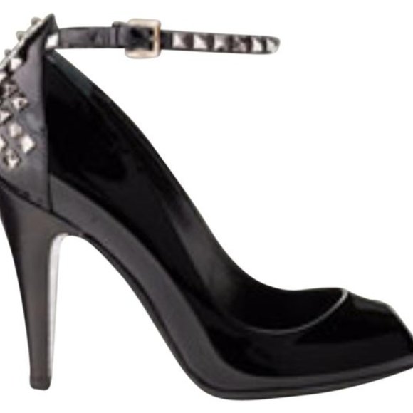 BURBERRY BLACK PATENT LEATHER ANKLE CUFF PEEP-TOE STUDDED PUMPS SIZE 6 - Picture 2 of 5